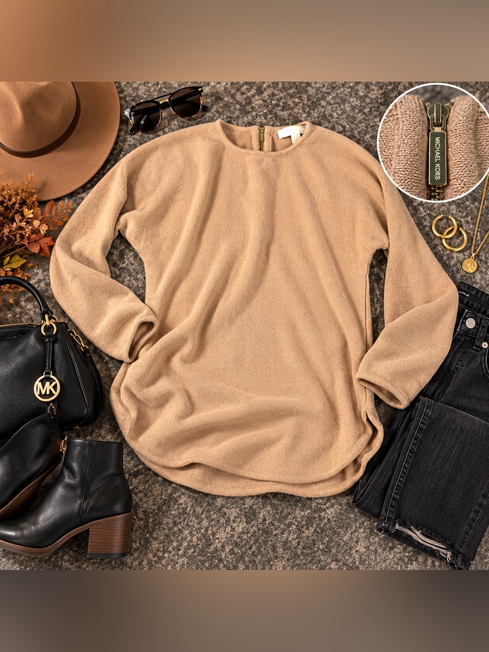 Michael Kors Women’s Small Camel Tan Knit Tunic Sweater Back Zip Long Sleeve